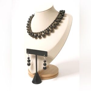 Gold Sheen Black Obsidian Necklace & Earrings Set